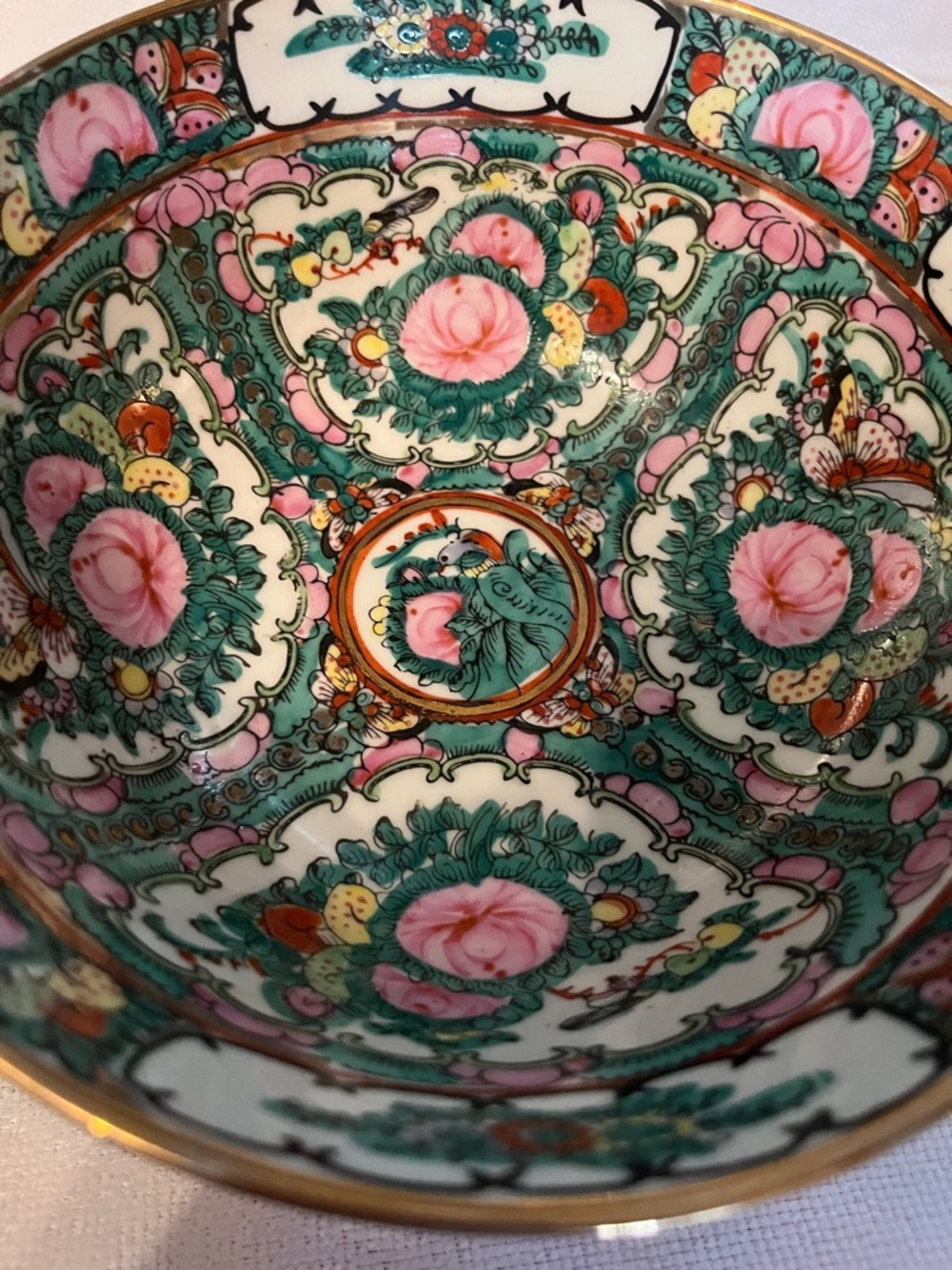 Vintage famille rose medallion Pink, Green & Gold Floral Porcelain Bowl